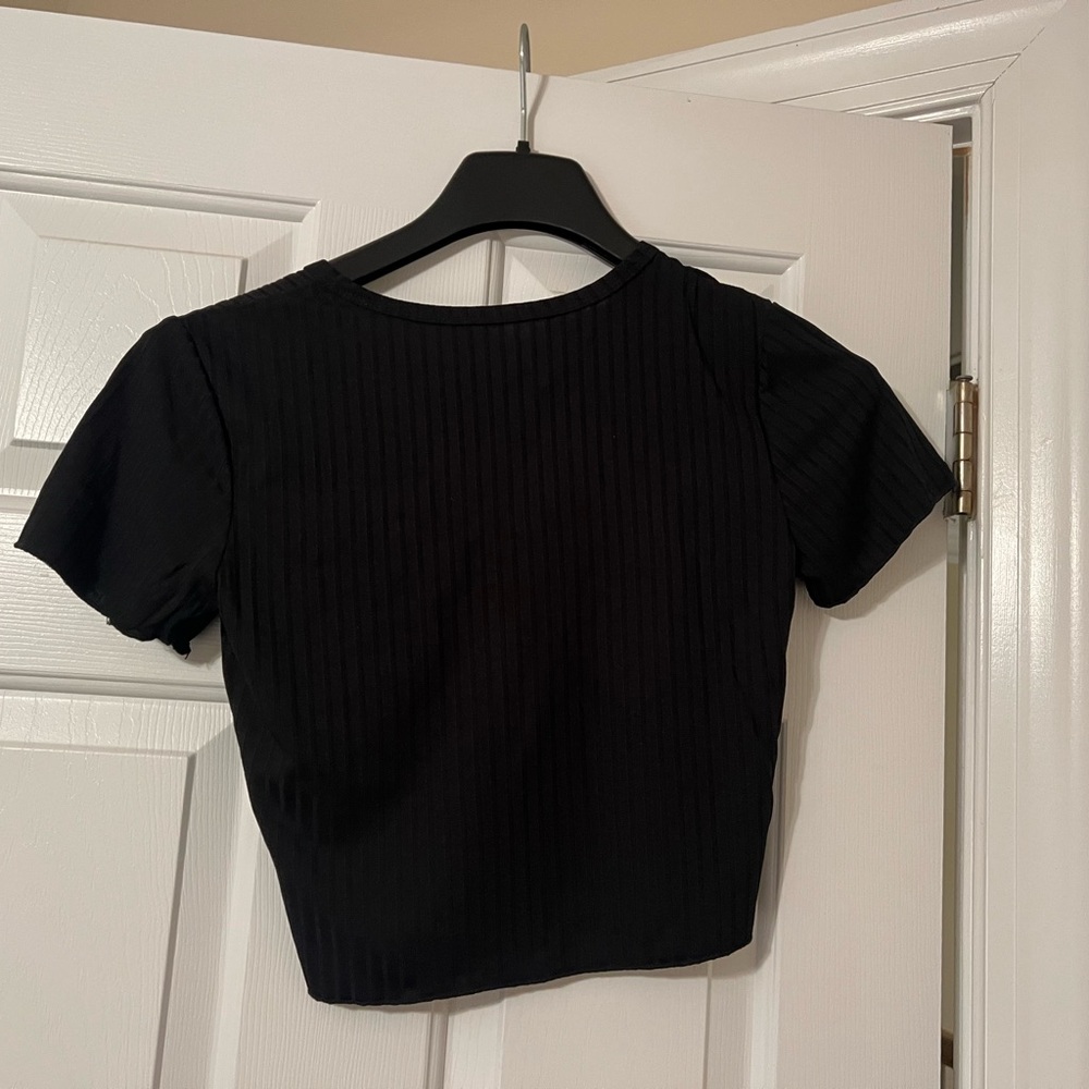 Black Button-Up Ribbed Women's Top - Picture 2 of 2